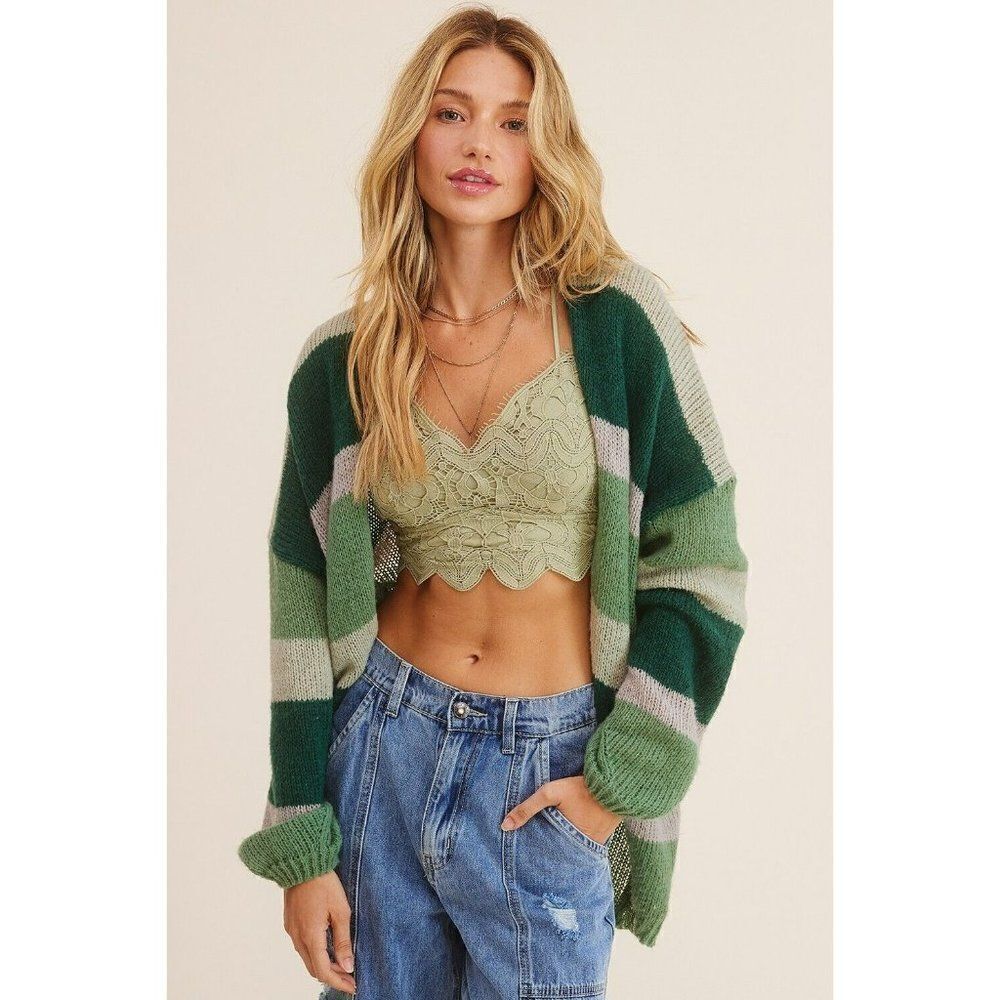 sale! LISTICLE Oversized Green Multi Color Striped Open Cardigan Sweater LSW0661